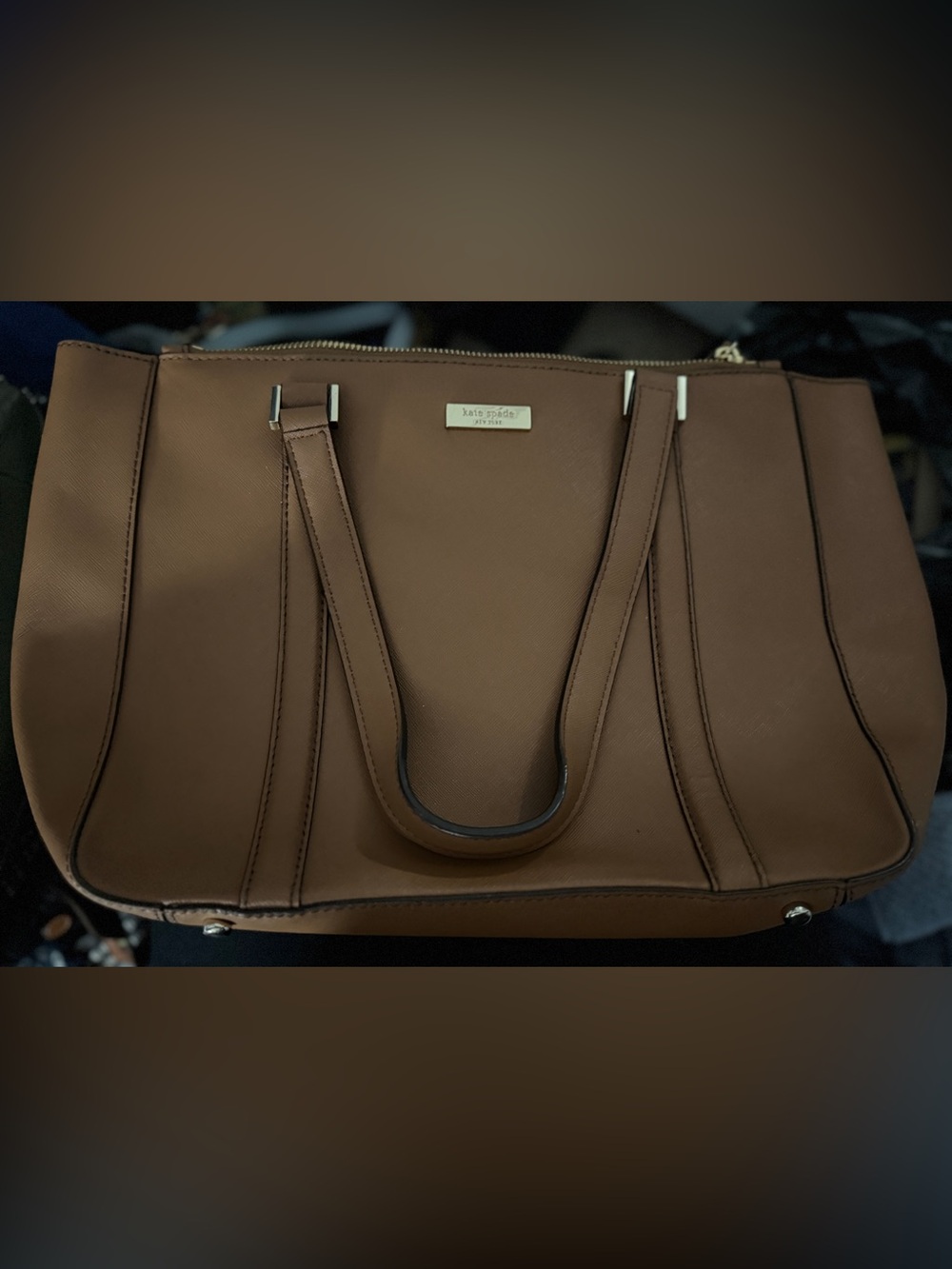Kate Spade New York Newbury Lane Miles Tote Bag in brown/tan Saffiano leather.